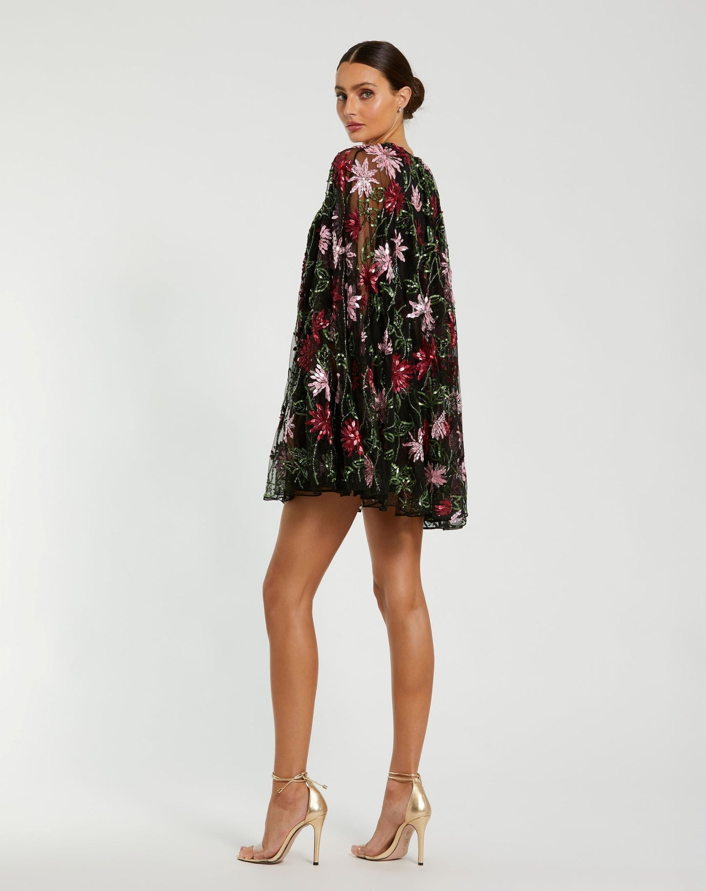 Black Floral Embellished Cape Mini Dress
