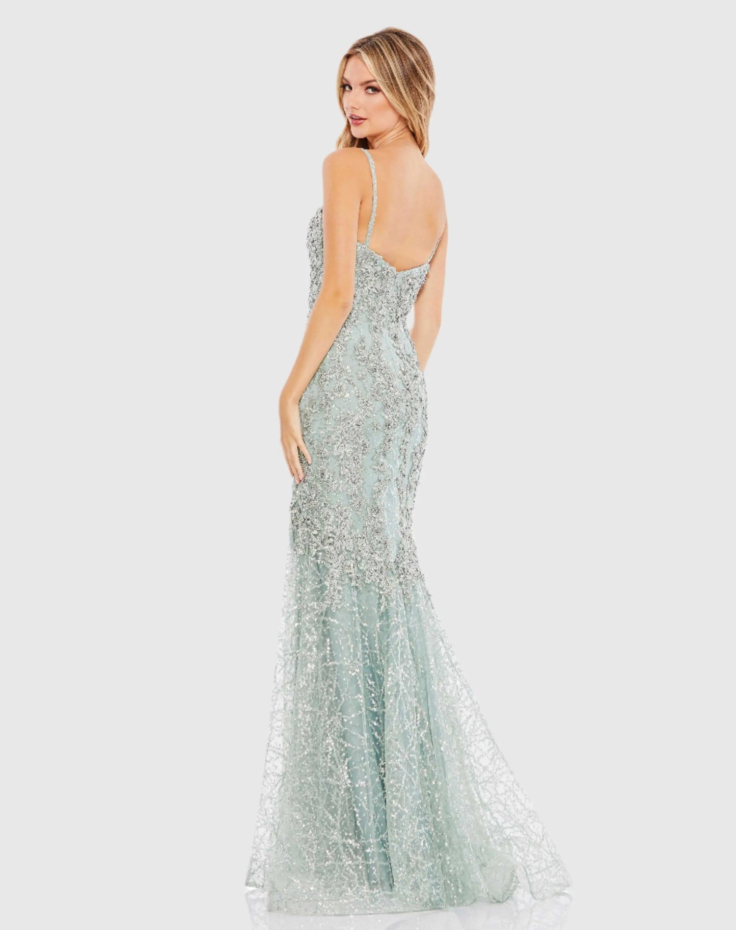 Green Embellished Sleeveless Plunge Neck Trumpet Gown