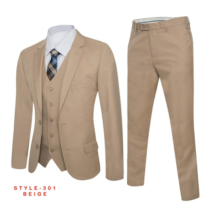 Men's Beige Solid Suit Slim Fit (3 PCS)