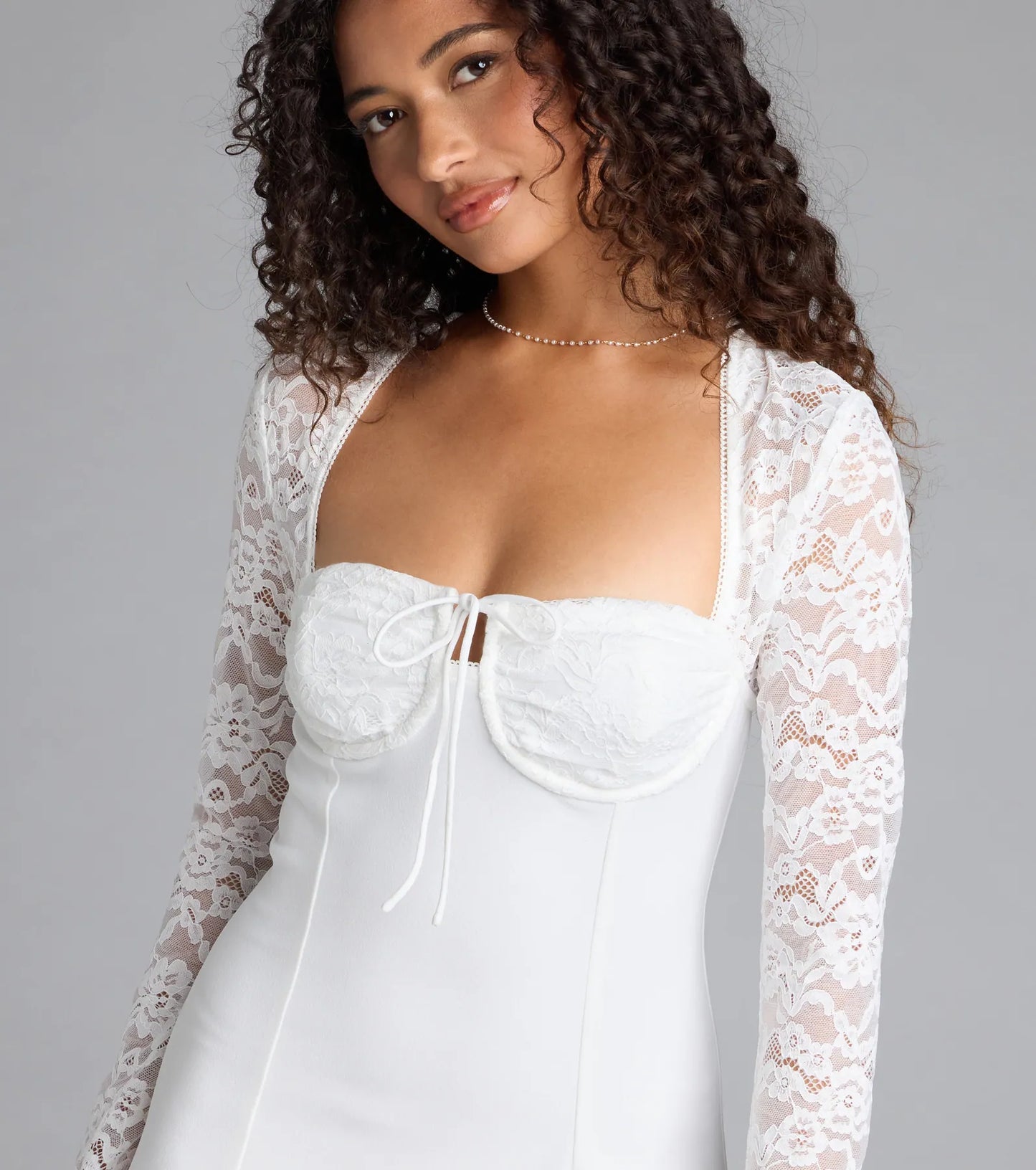 Flirty Factor Lace Long Sleeve Crepe Mini Dress
