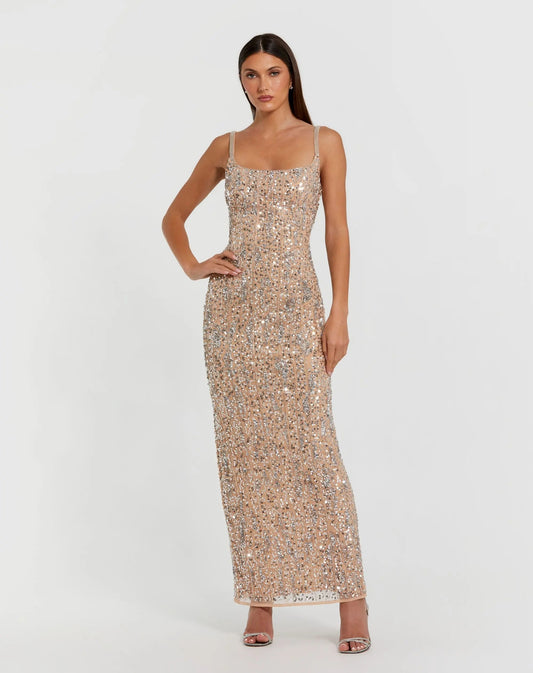 Beige Embellished Square Neck Gown