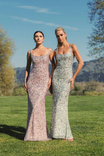 Green Sequined Low Back Slip Gown