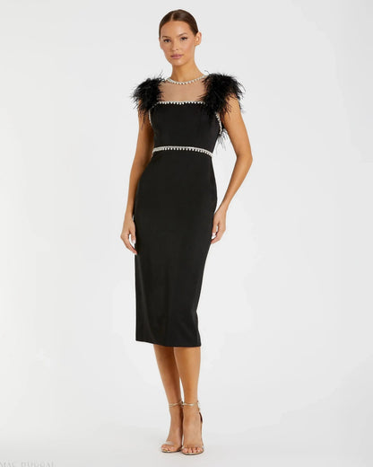 Feather Cap Sleeve Pearl Embellished Tea-length Dress