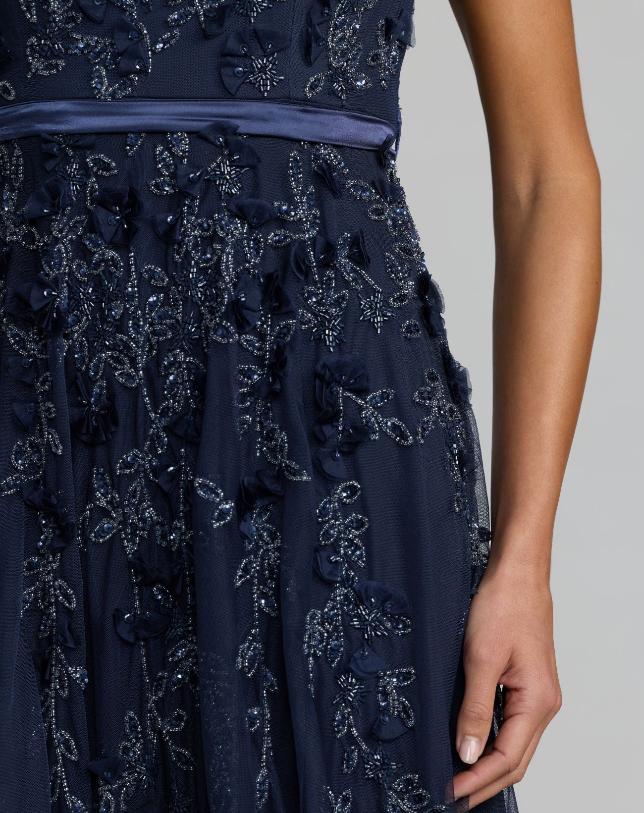 Navy Floral Embellished Cap Sleeve Gown