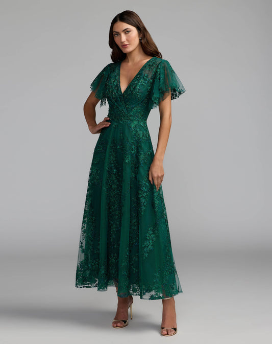 Embroidered Flutter Sleeve A Line Dress
