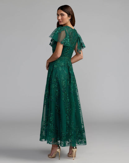 Green Embroidered Flutter Sleeve A Line Dress