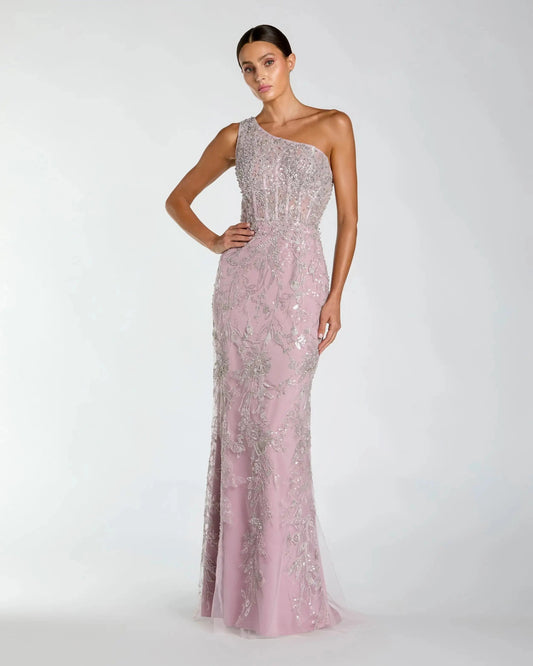 One Shoulder Hand Embellished Evening Gown