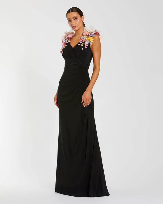 Black Jersey V-Neck Gown With 3D Flowers