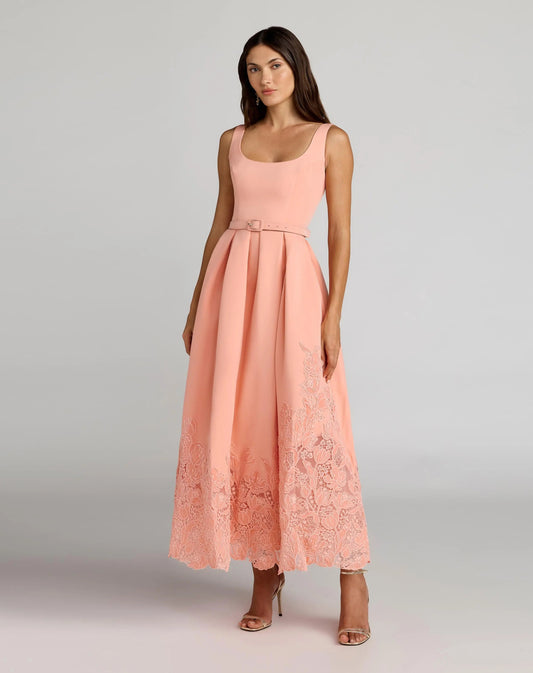 Peach Lace Hem Belted Midi Dress