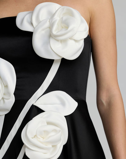 Black Strapless Satin A-Line Dress With 3D Flowers