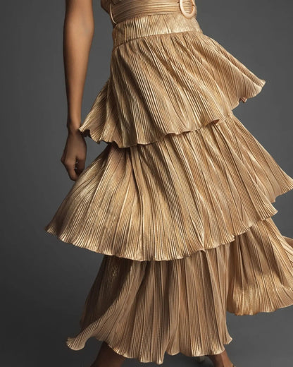 Gold Ruffle Tiered Buckle Detail Dress - FINAL SALE