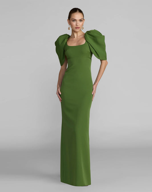 Fitted Crepe Scoop Neck Gown With Puff Sleeves