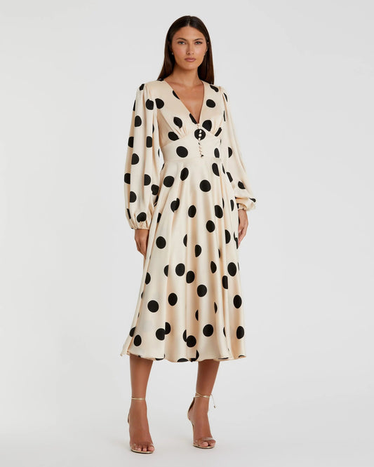 Beige Polka Dot Charmeuse Long Sleeve V Neck Midi Dress