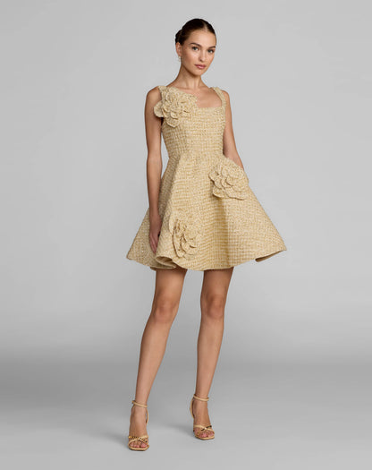 Gold Boucle Floral Applique Mini Dress With Pockets