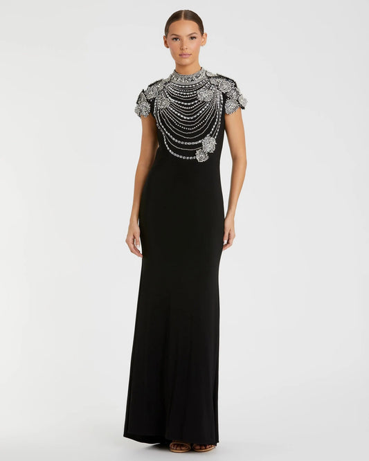 Black High Neck Embellished Column Gown