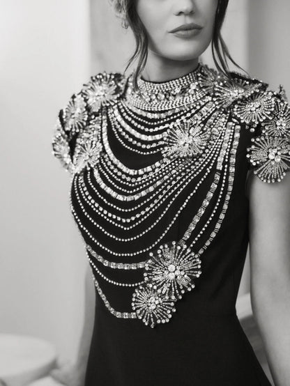 Black High Neck Embellished Column Gown