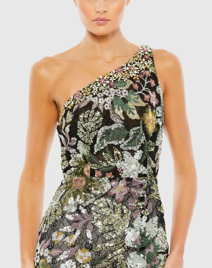 Black Floral Sequined Embroidered One Shoulder Trumpet Gown