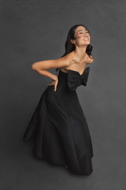 Black Strapless A-Line Tea Length Statement Bow Dress