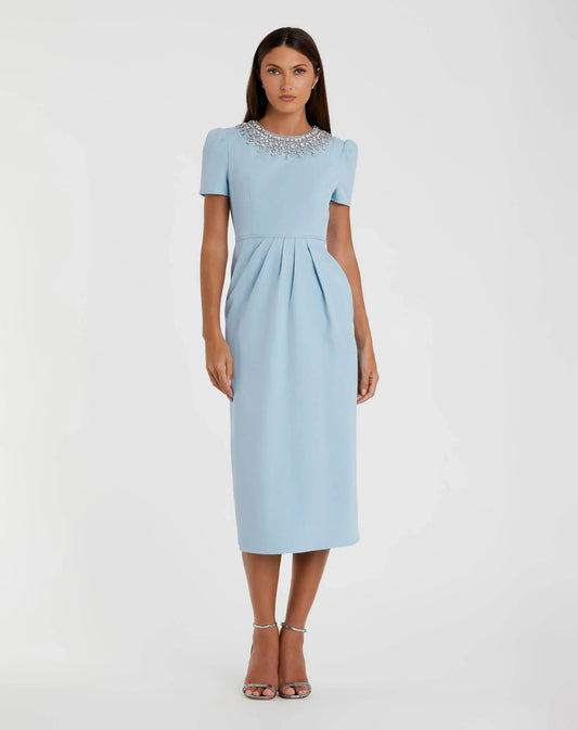 Blue Short Sleeve Rhinestone Neckline Midi Dress