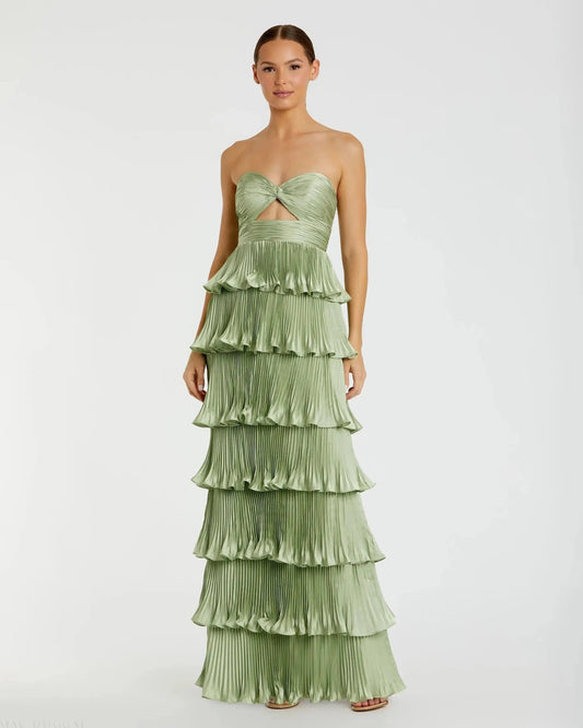 Green Pleated Charmeuse Strapless Tiered Ruffle Gown