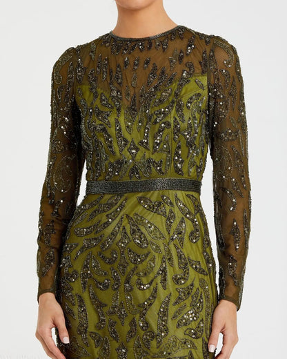 Green Long Sleeve Beaded Evening Gown