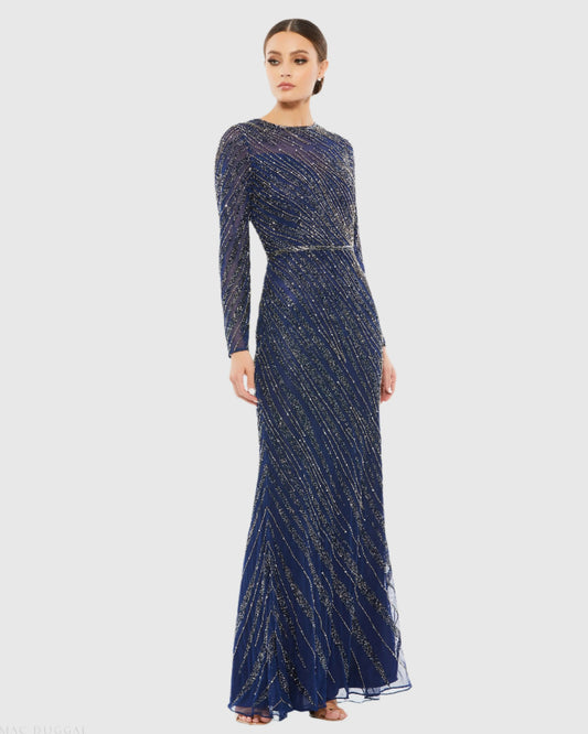 Navy Long Sleeve Beaded Column Gown - FINAL SALE