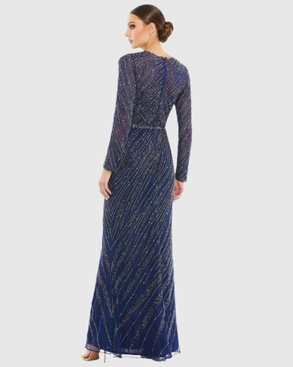 Navy Long Sleeve Beaded Column Gown - FINAL SALE