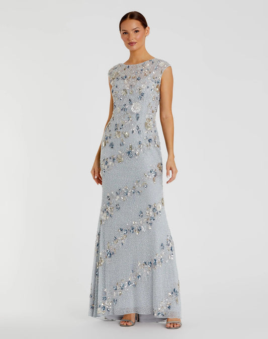 Floral Embellished Cap Sleeve Column Gown