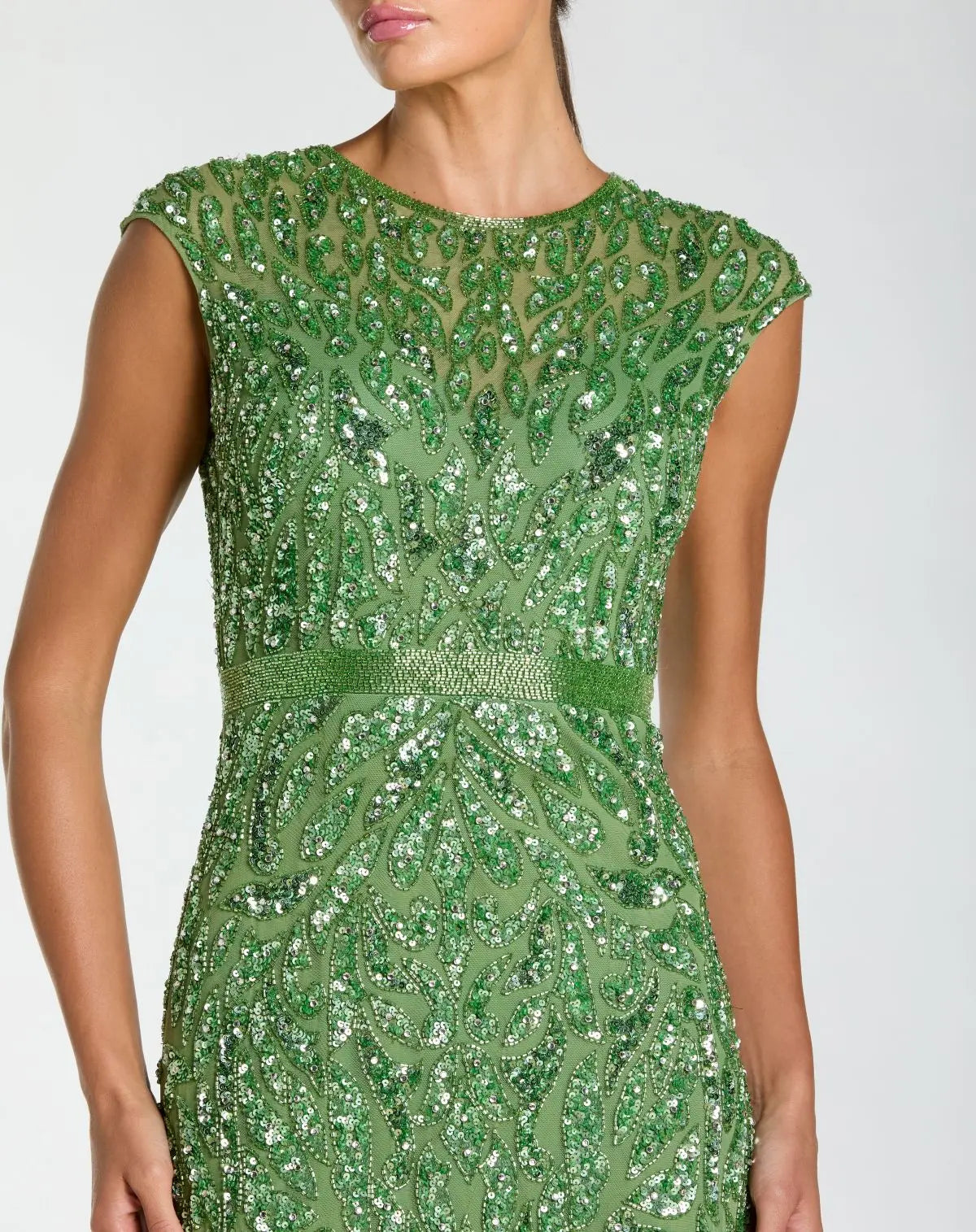 Green Embellished High Neck Cap Sleeve Gown