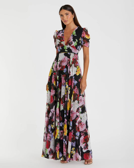 Black Floral Print Mesh Short Sleeve Gown