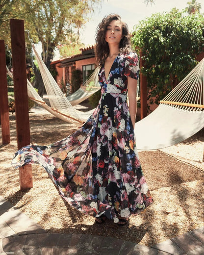 Black Floral Print Mesh Short Sleeve Gown