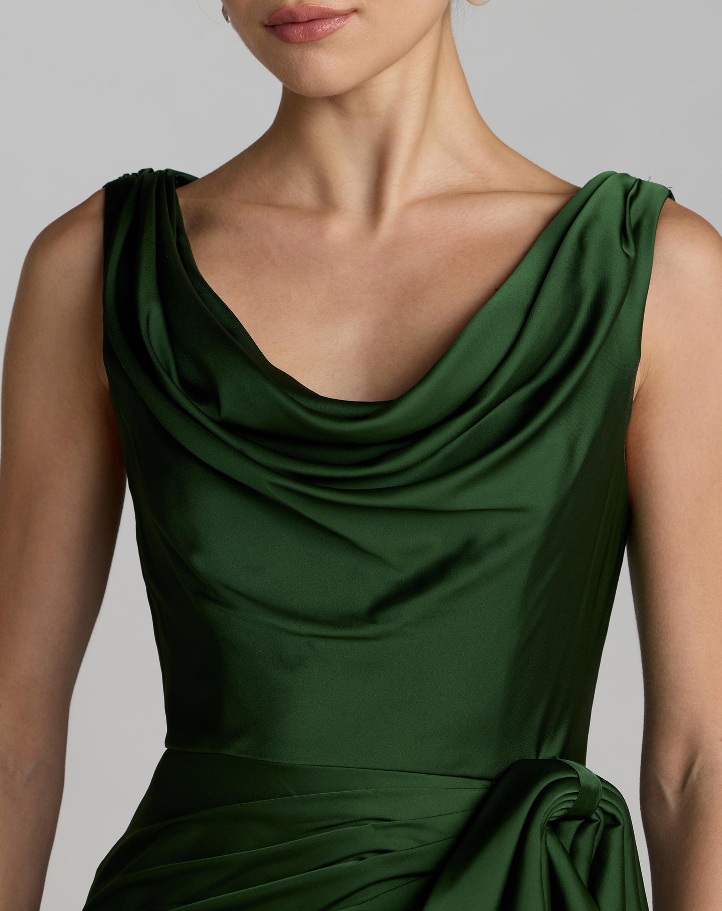 Green Draped Cowl Neck Gown with Side Slit