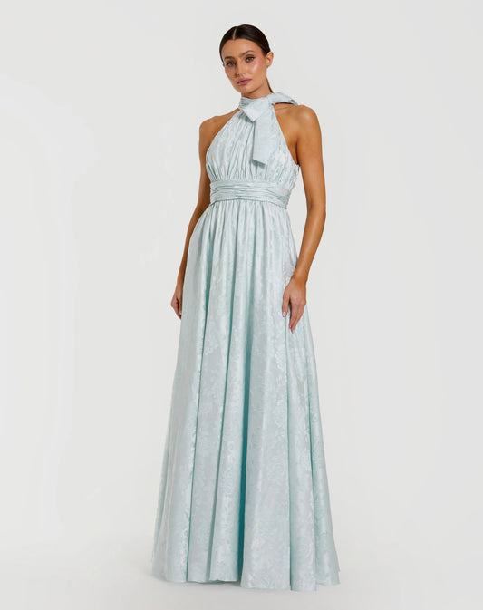Blue Sleeveless Halter Neck Brocade Gown With Bow Detail