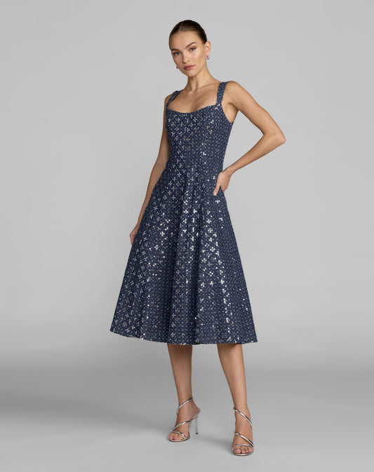 Blue Sleeveless Sequin Denim Midi Dress