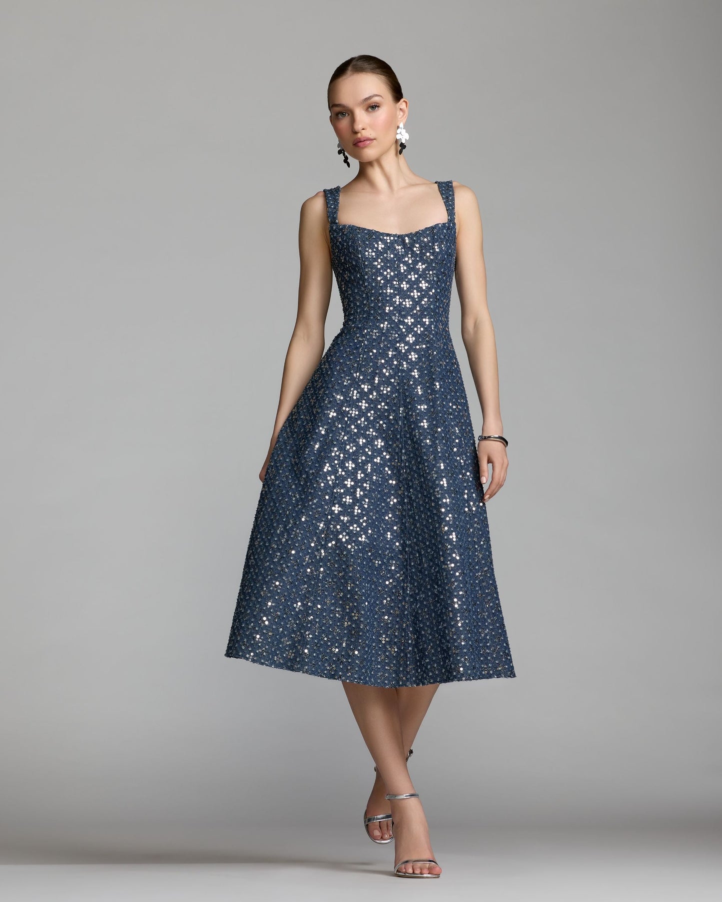 Blue Sleeveless Sequin Denim Midi Dress