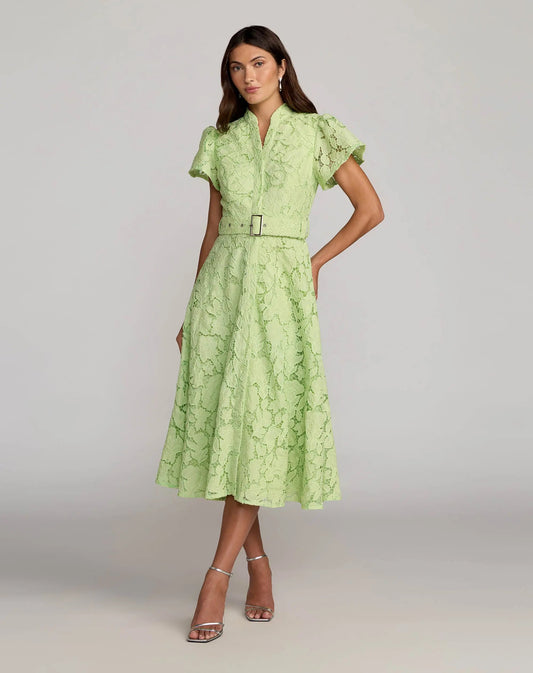 Green Embroidered Lace Belted Midi Dress