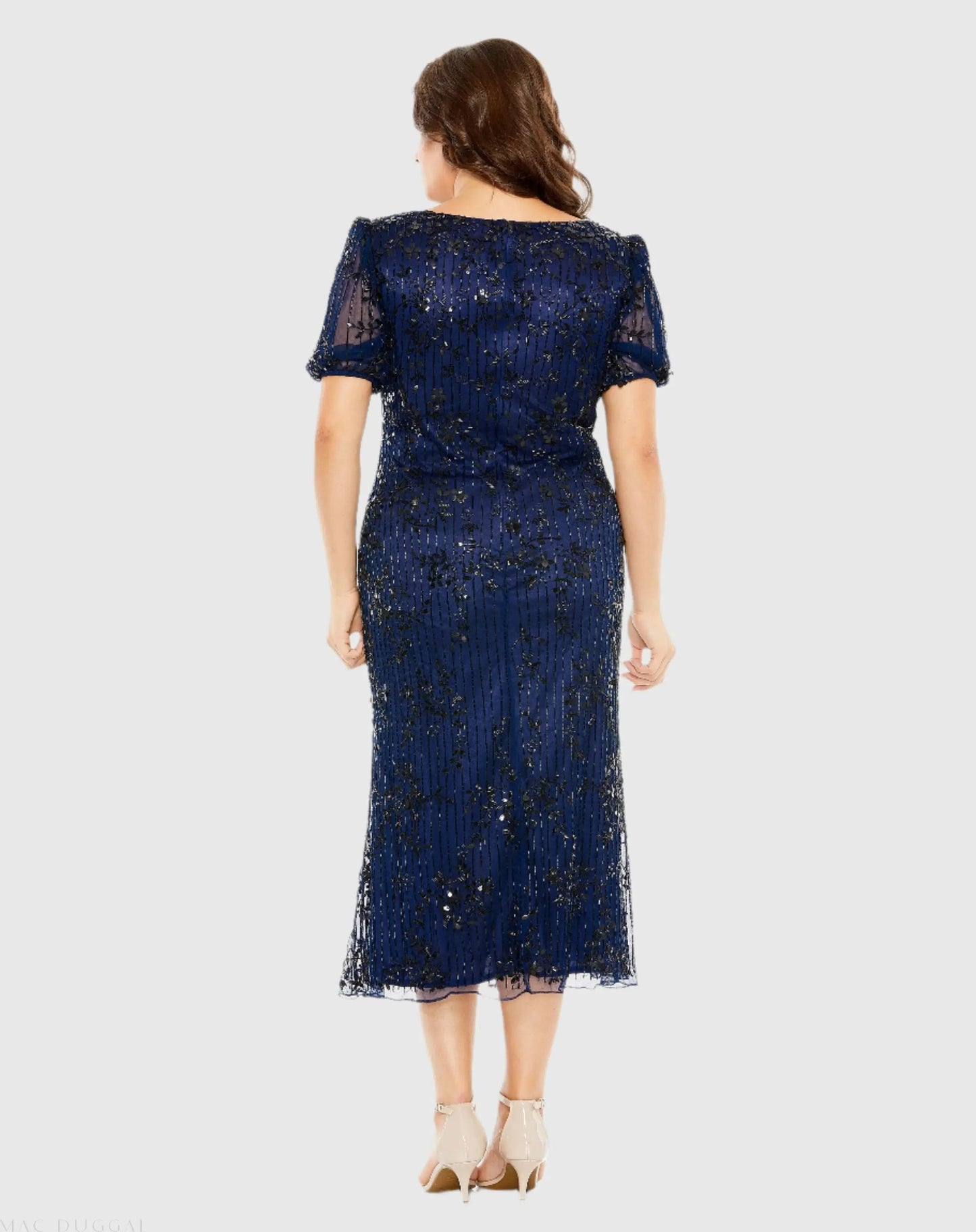 Navy High Neck Puff Sleeve Embellished Dress