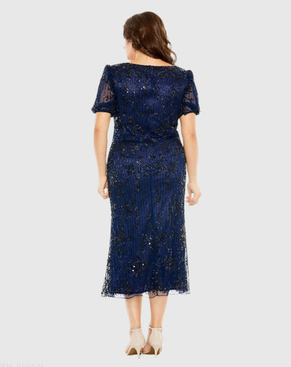 Navy High Neck Puff Sleeve Embellished Dress