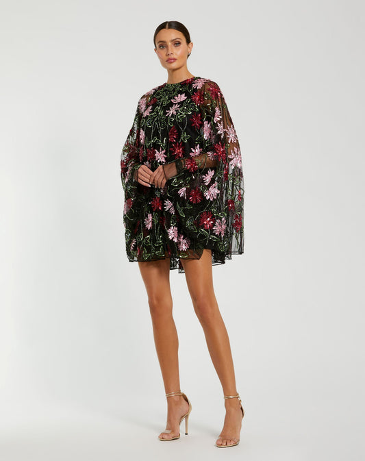 Black Floral Embellished Cape Mini Dress