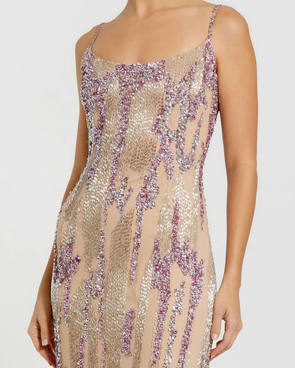 Beige Spaghetti Strap Beaded Column Gown