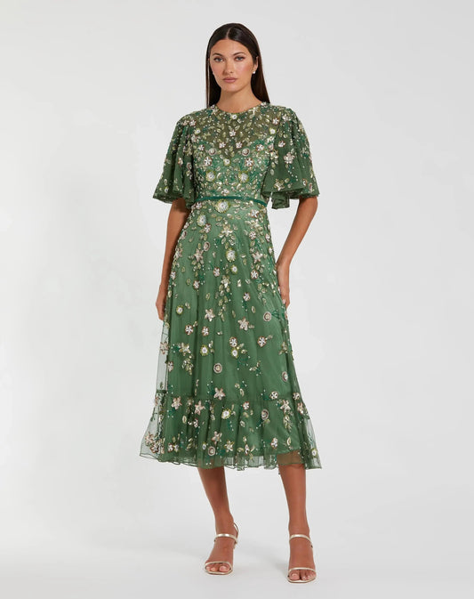 Floral Embellished Flutter Sleeve Midi Dress
