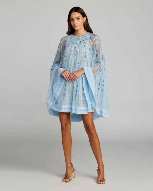 Blue Beaded Lace Cape Sleeve Mini Dress