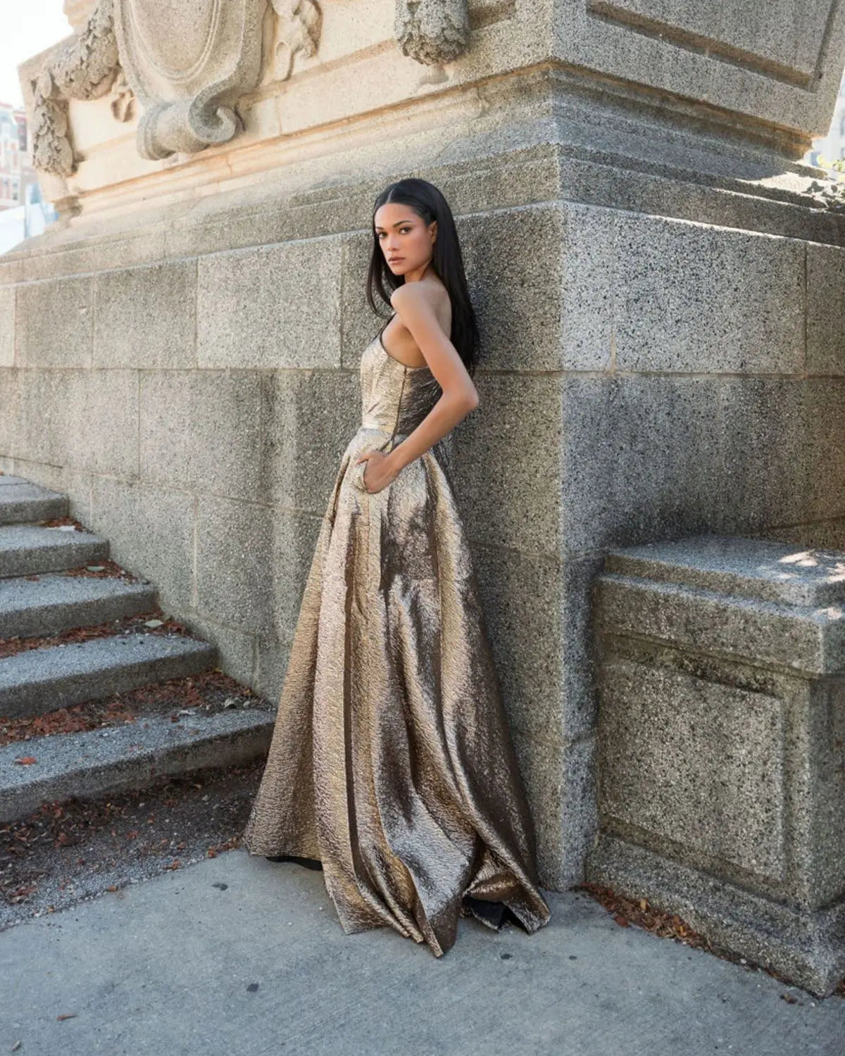 Gold One Shoulder Metallic Ball Gown