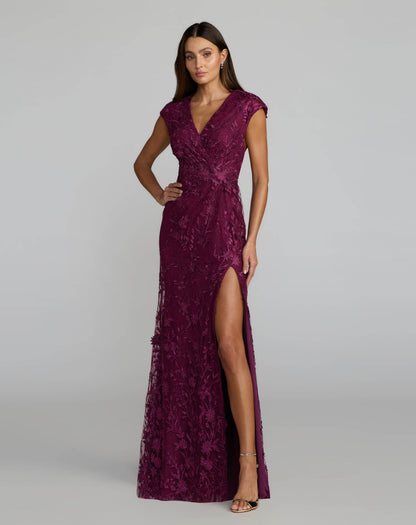 Faux Wrap Embroidered Cap Sleeve Gown