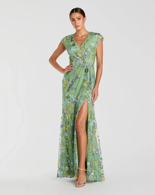 Faux Wrap Embroidered Cap Sleeve Gown