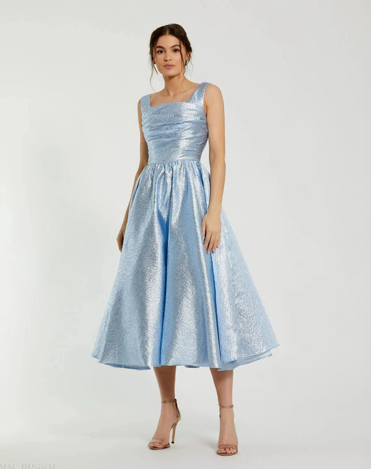 Blue Square Neck Sleeveless Metallic Midi Dress