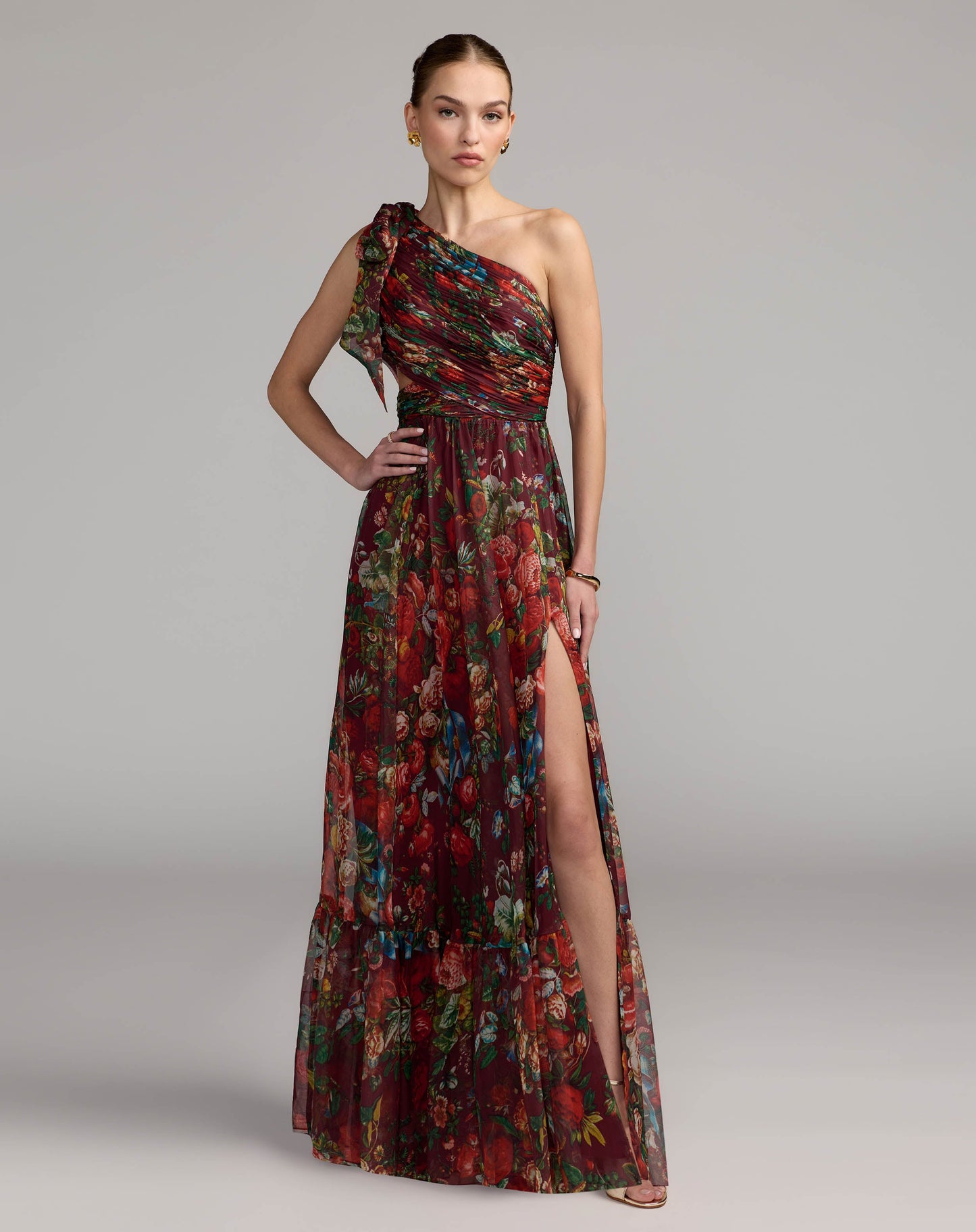 One Shoulder Floral Printed Chiffon Side Cut Out Gown