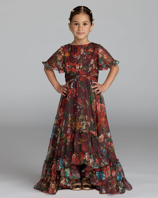 Girls Red Floral Ruffle High-Low Dress