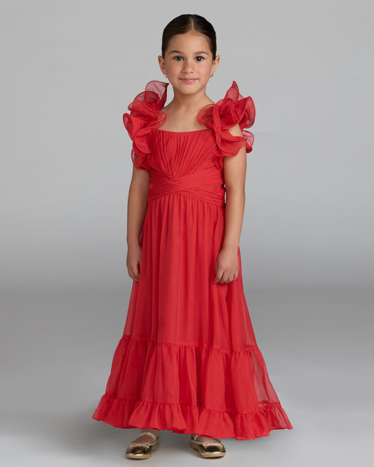 Girls Red Chiffon Ruffle Shoulder Long Dress