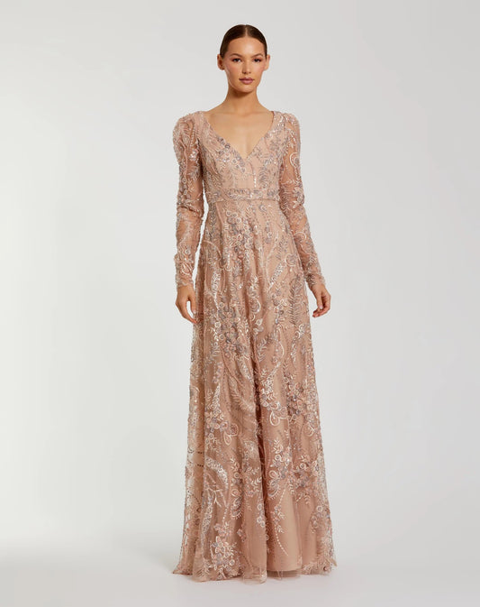 Beige Embroidered Long Sleeve V-Neck Gown
